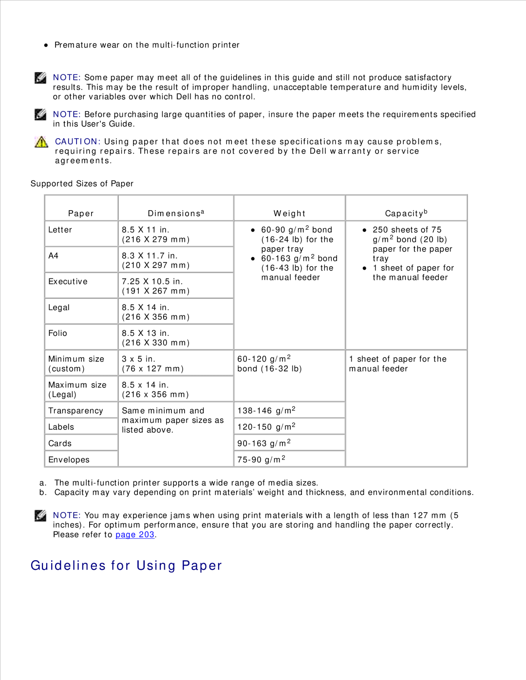 Dell 1600n manual Guidelines for Using Paper, Dimensionsa, Weight, Capacityb 