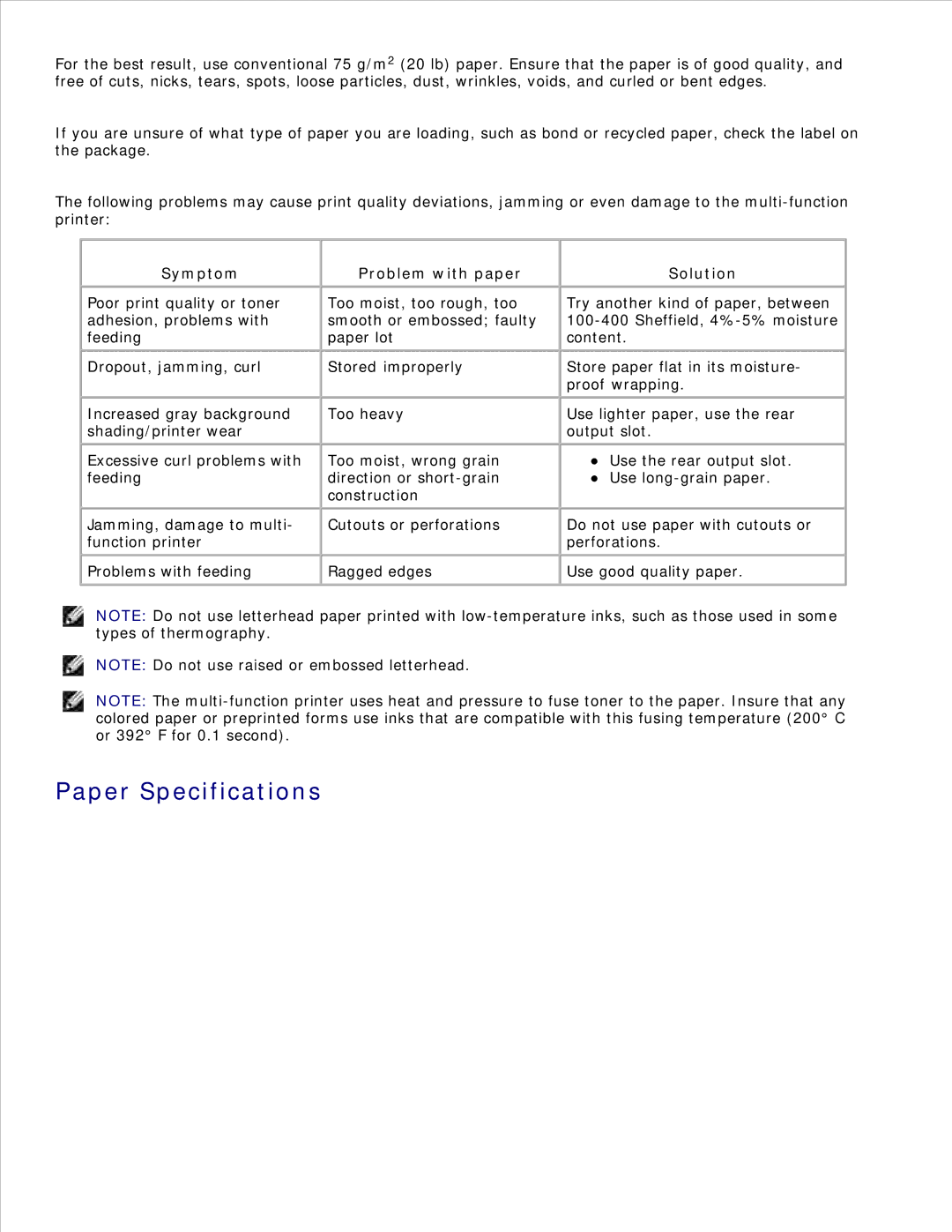 Dell 1600n manual Paper Specifications, Symptom, Problem with paper 