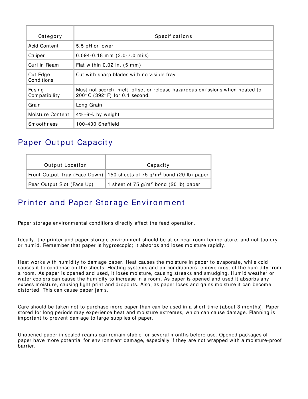 Dell 1600n Paper Output Capacity, Printer and Paper Storage Environment, Category Specifications, Output Location Capacity 