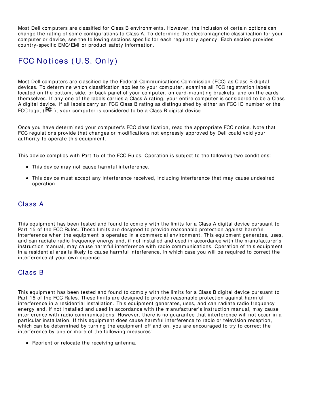 Dell 1600n manual FCC Notices U.S. Only, Class a Class B 