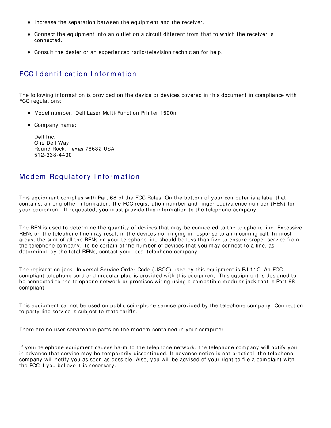 Dell 1600n manual FCC Identification Information, Modem Regulatory Information 