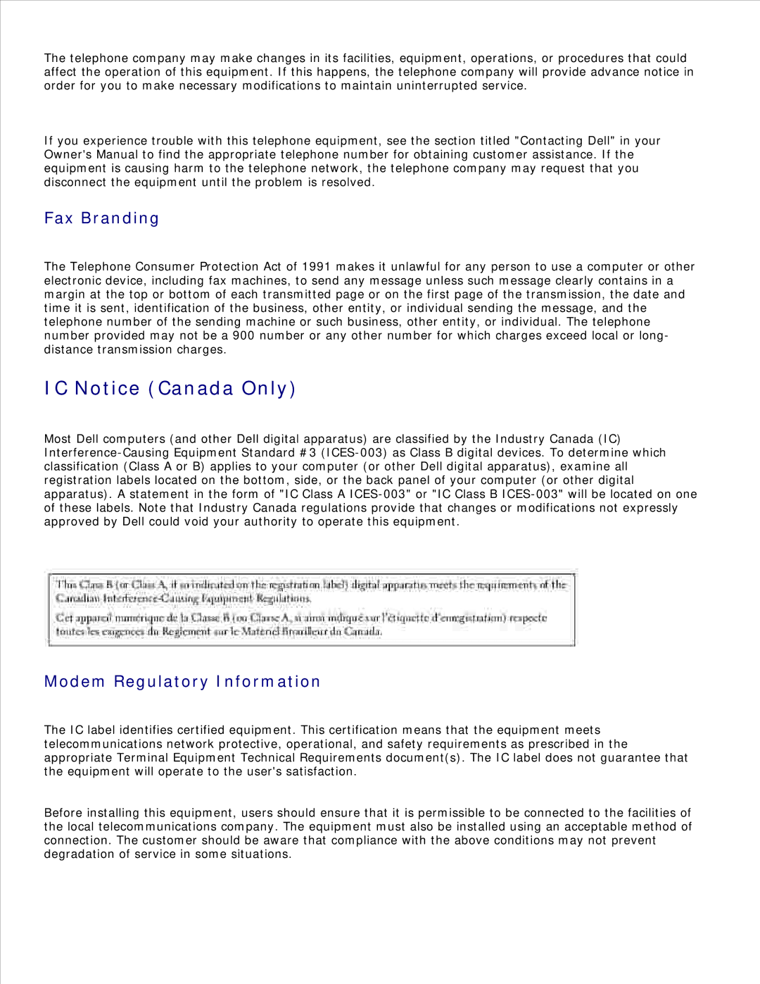 Dell 1600n manual IC Notice Canada Only, Fax Branding 