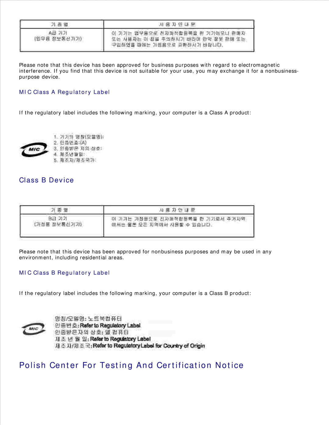 Dell 1600n manual Polish Center For Testing And Certification Notice, Class B Device 