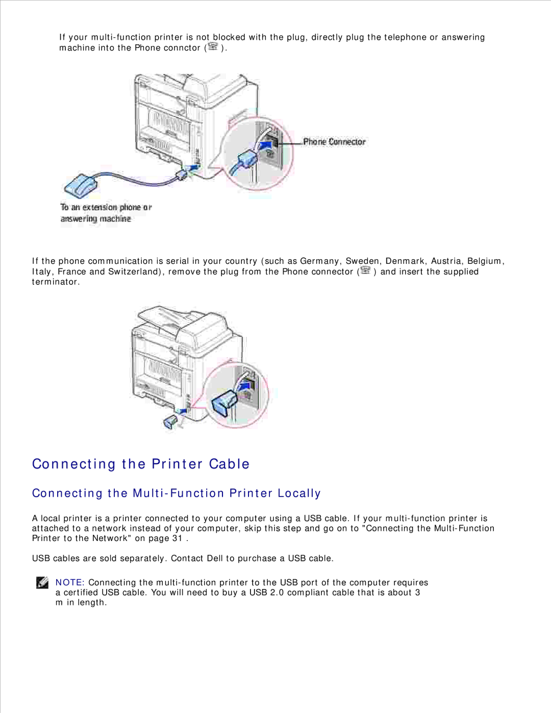 Dell 1600n manual Connecting the Printer Cable, Connecting the Multi-Function Printer Locally 