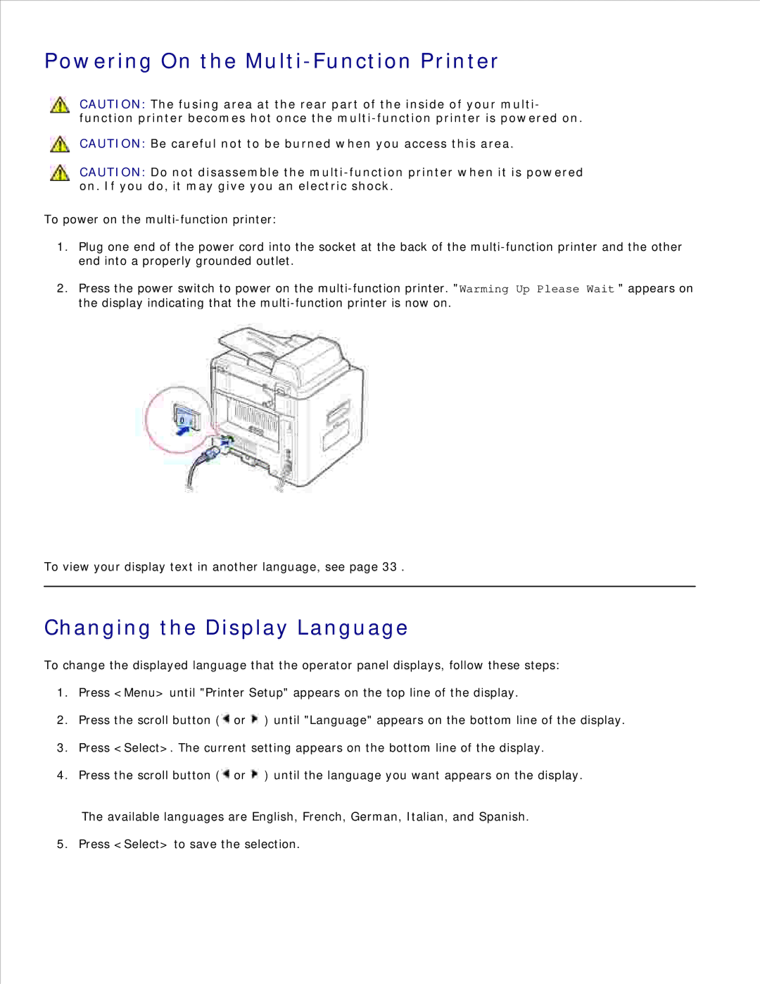 Dell 1600n manual Powering On the Multi-Function Printer, Changing the Display Language 