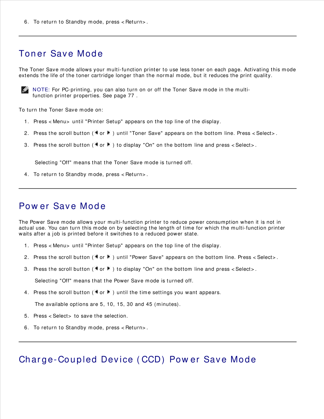 Dell 1600n manual Toner Save Mode, Charge-Coupled Device CCD Power Save Mode 