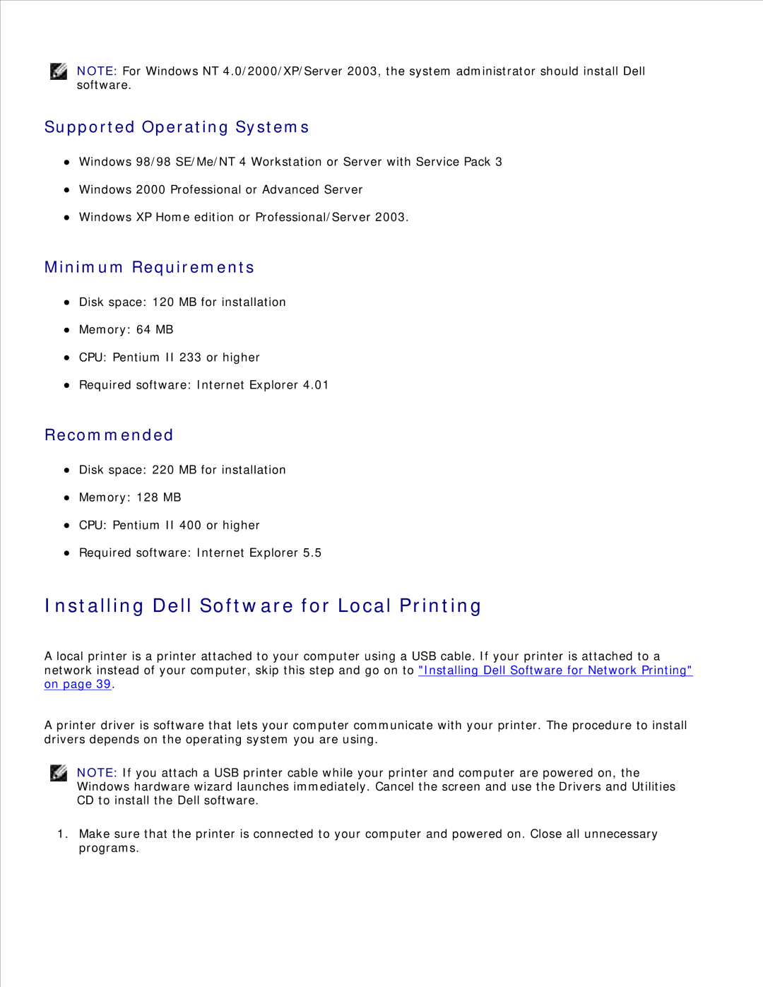 Dell 1600n Installing Dell Software for Local Printing, Supported Operating Systems, Minimum Requirements, Recommended 