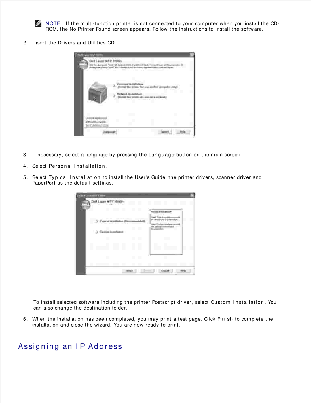 Dell 1600n manual Assigning an IP Address, Select Personal Installation 