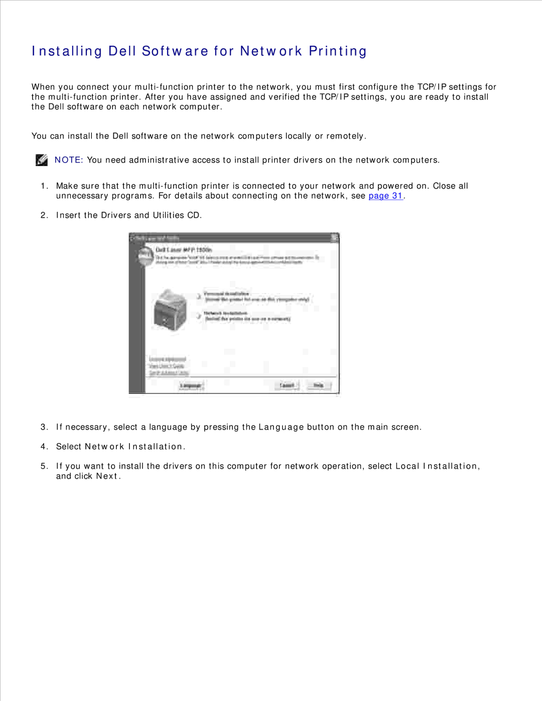 Dell 1600n manual Installing Dell Software for Network Printing, Select Network Installation 