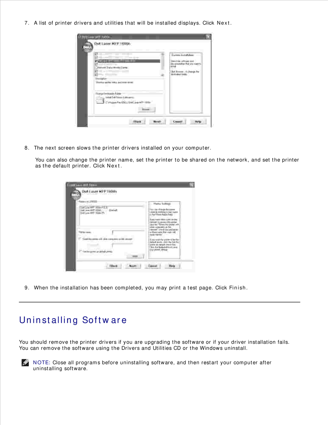 Dell 1600n manual Uninstalling Software 