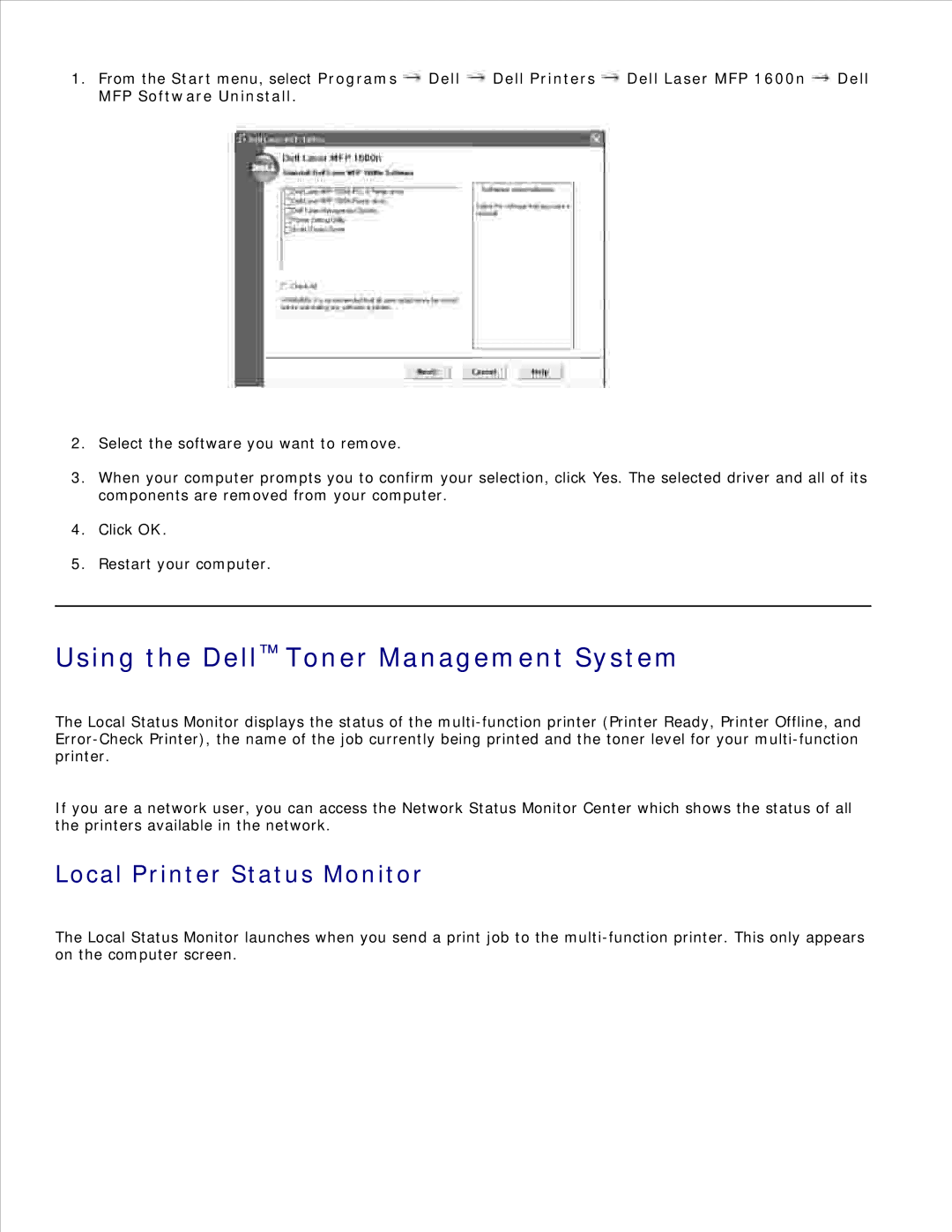 Dell 1600n manual Using the Dell Toner Management System, Local Printer Status Monitor 