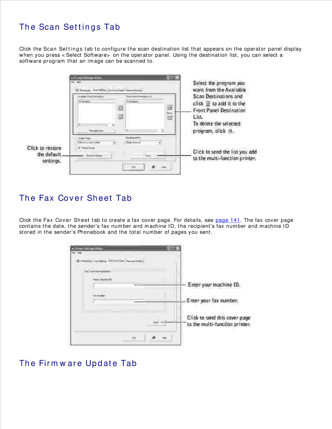 Dell 1600n manual Scan Settings Tab, Fax Cover Sheet Tab, Firmware Update Tab 