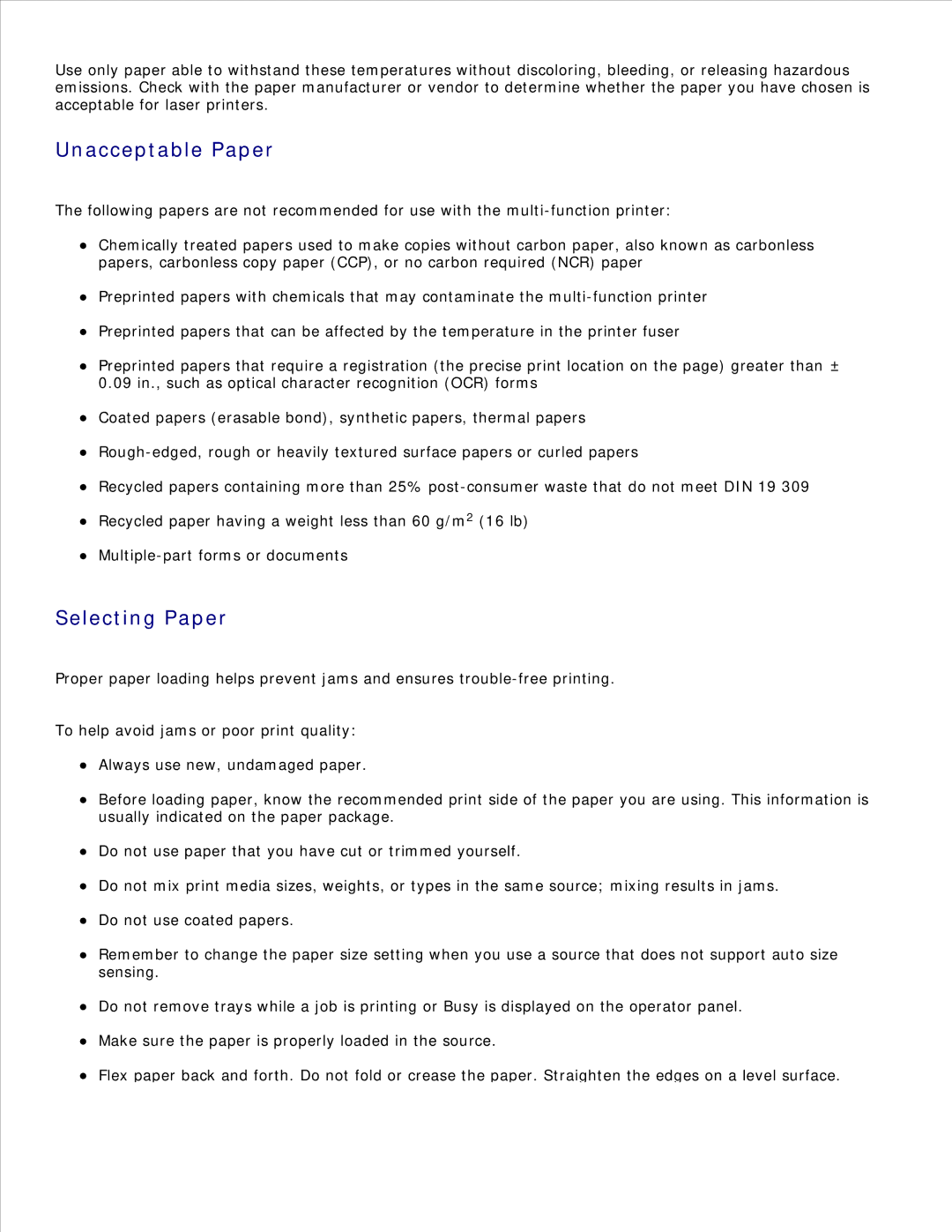 Dell 1600n manual Unacceptable Paper, Selecting Paper 