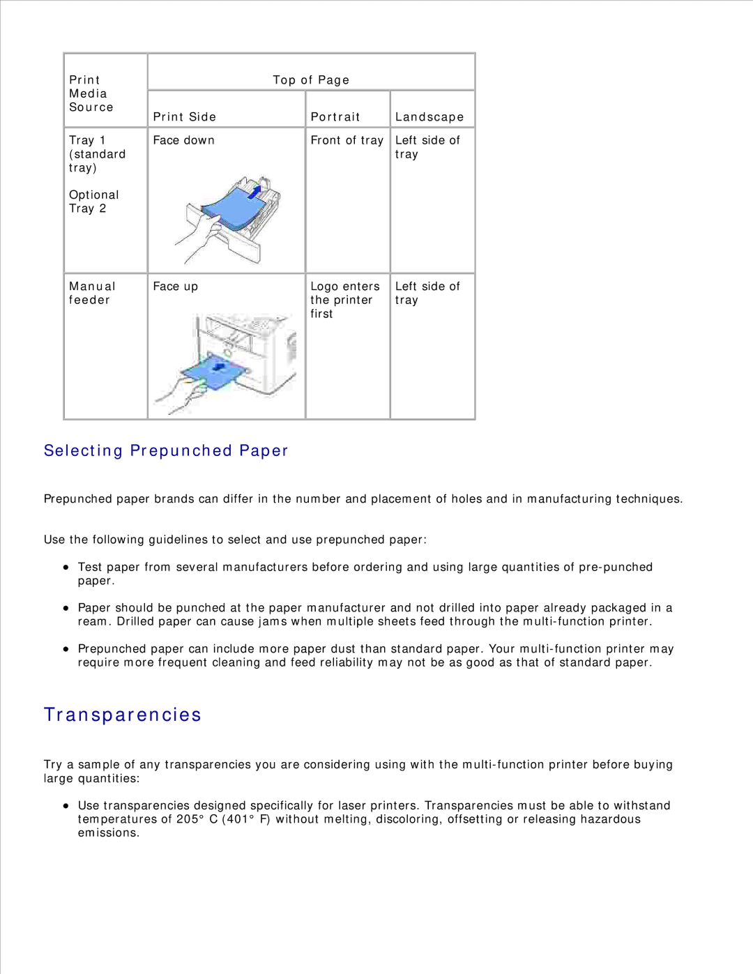 Dell 1600n Transparencies, Selecting Prepunched Paper, Print Media Source, Manual feeder Top Print Side Portrait Landscape 