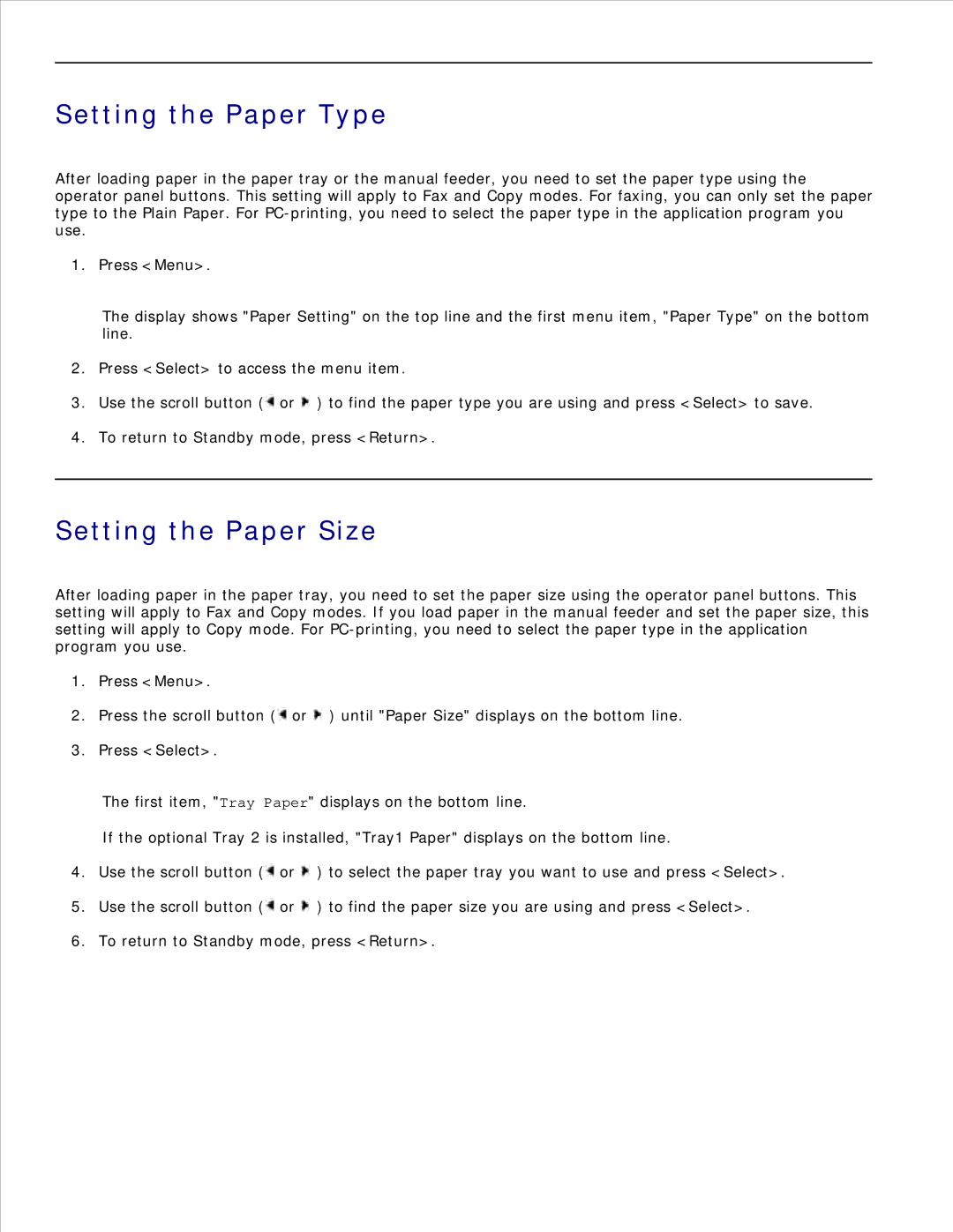 Dell 1600n manual Setting the Paper Type, Setting the Paper Size 