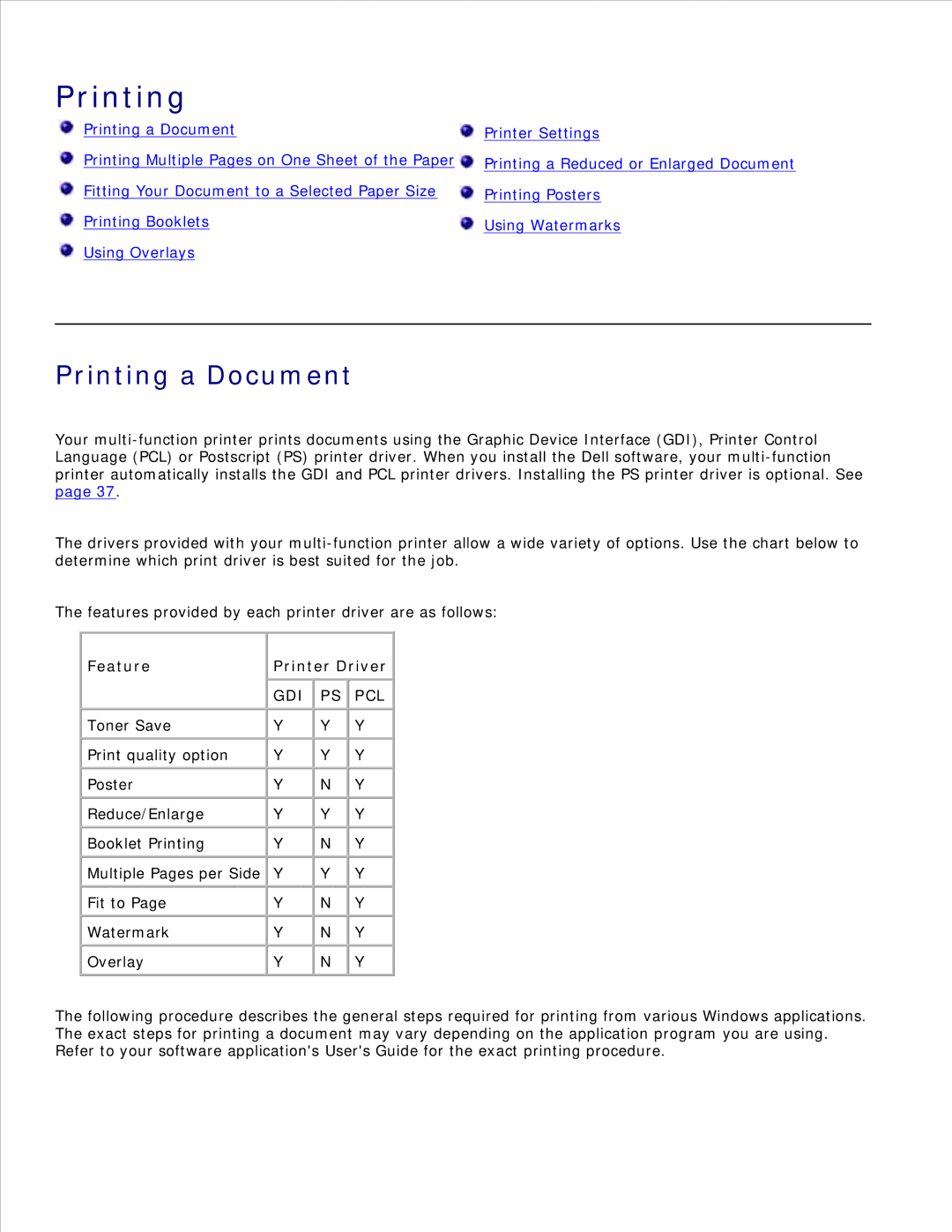 Dell 1600n manual Printing a Document, Feature Printer Driver 