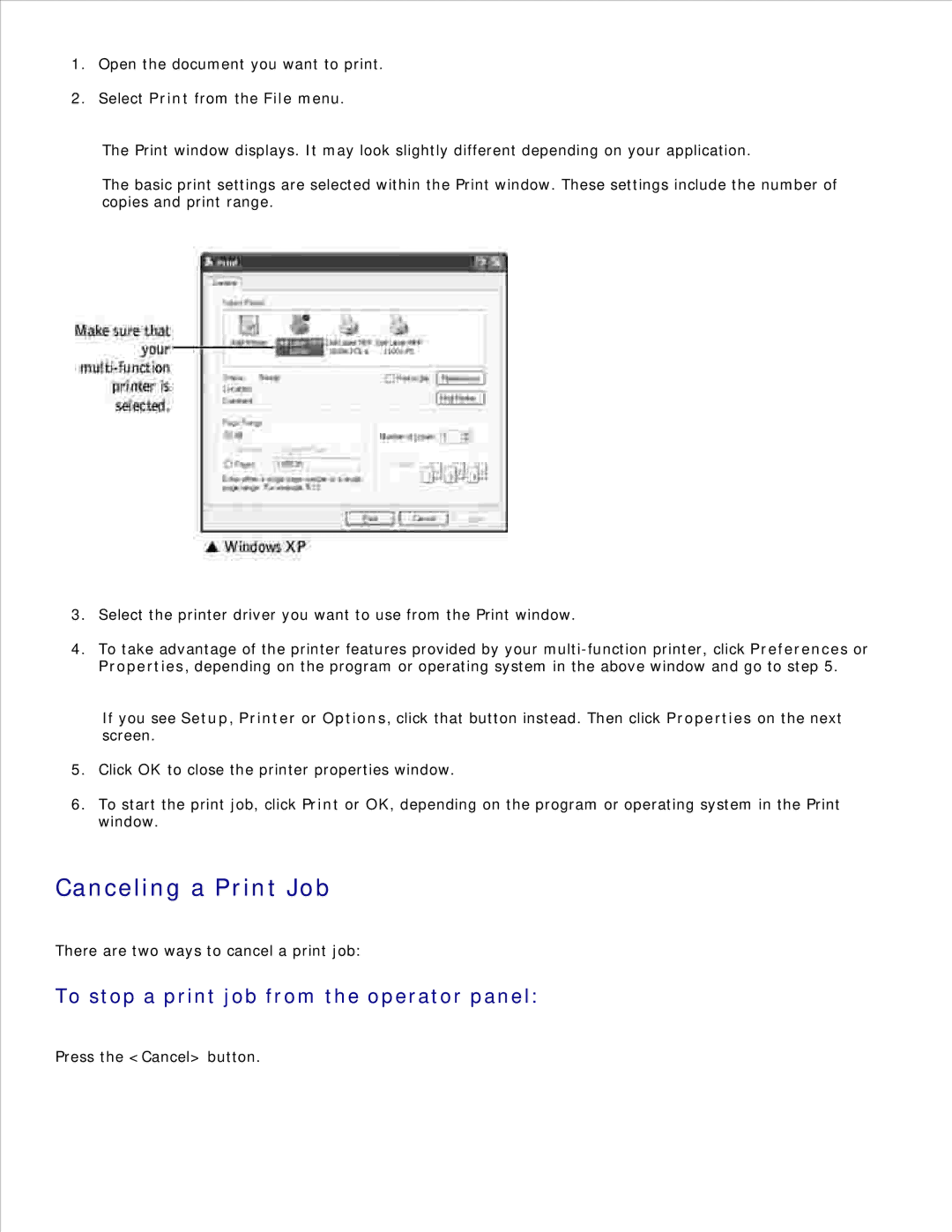 Dell 1600n manual Canceling a Print Job, To stop a print job from the operator panel 