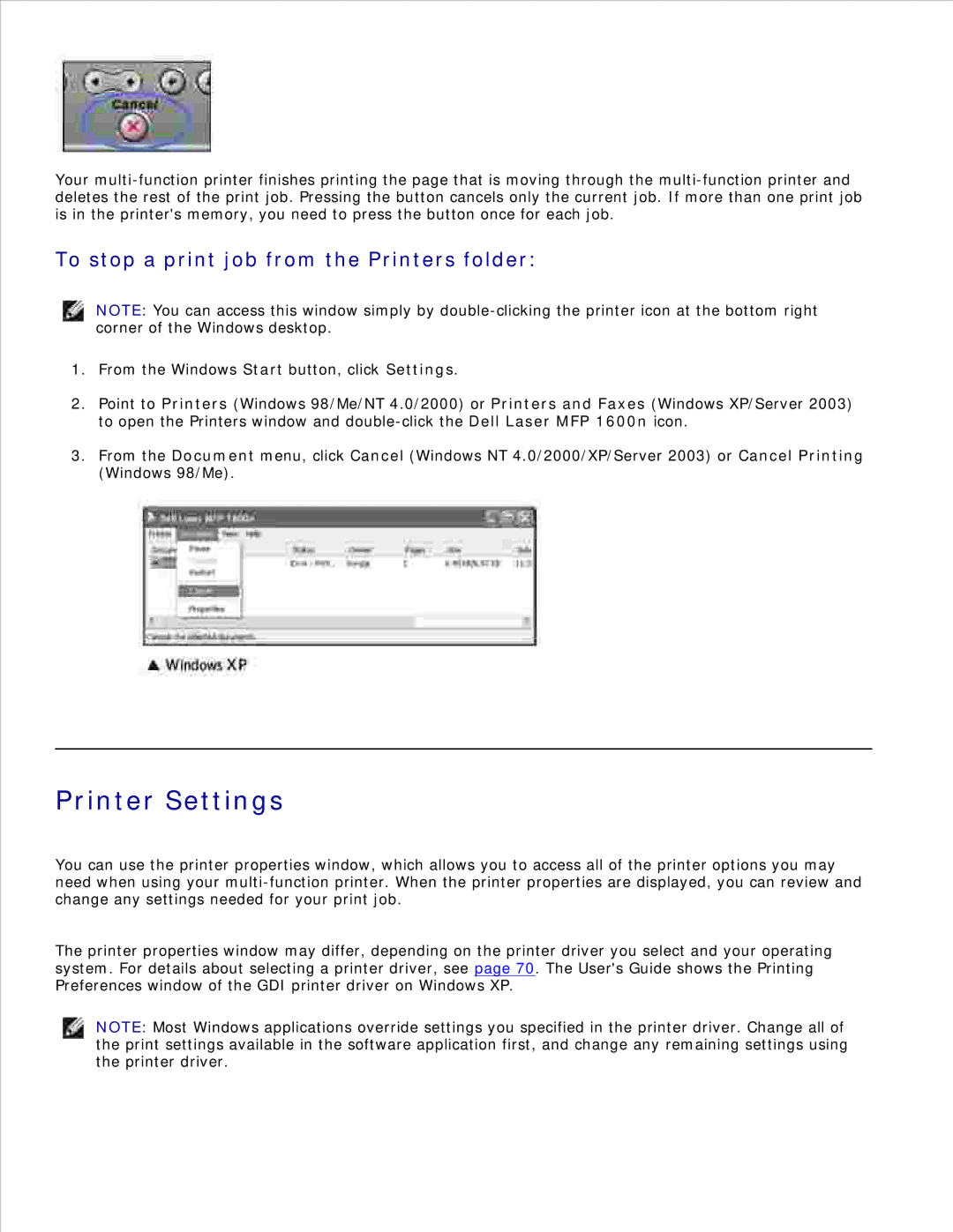 Dell 1600n manual Printer Settings, To stop a print job from the Printers folder 