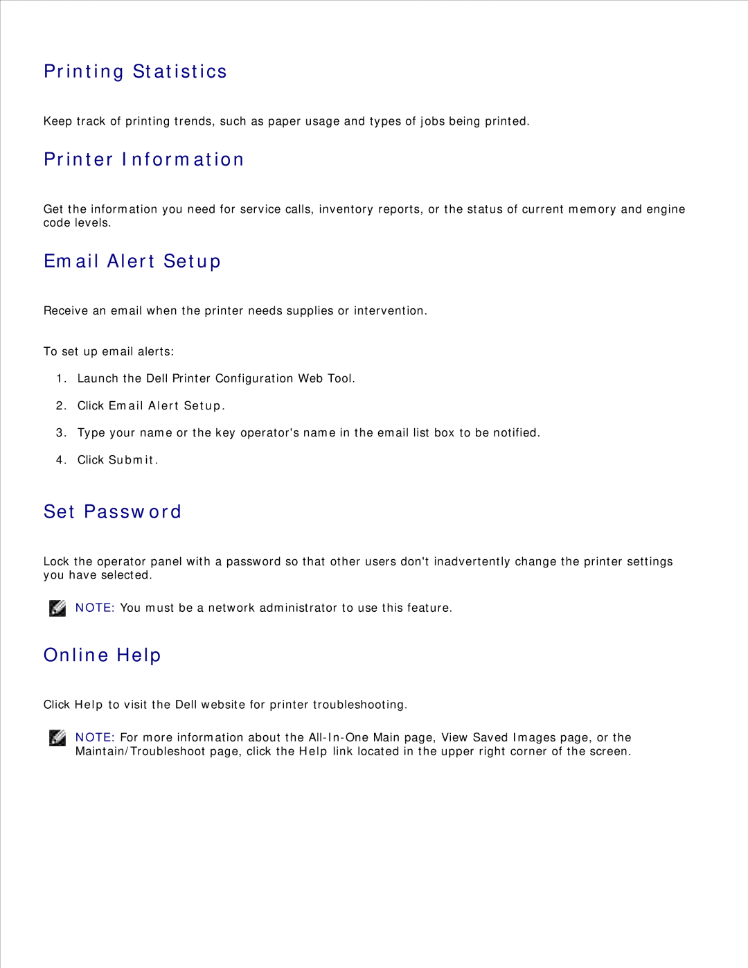 Dell 1600n manual Printing Statistics, Printer Information, Email Alert Setup, Set Password, Online Help 