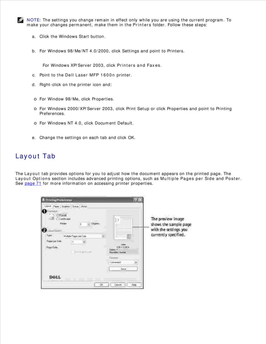 Dell 1600n manual Layout Tab 