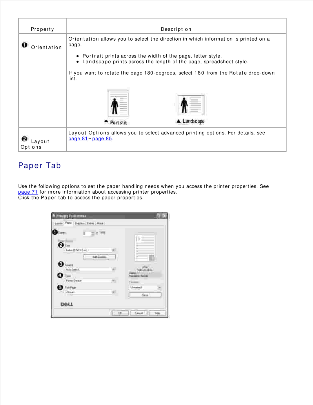 Dell 1600n manual Paper Tab, Property Orientation Layout Options Description 