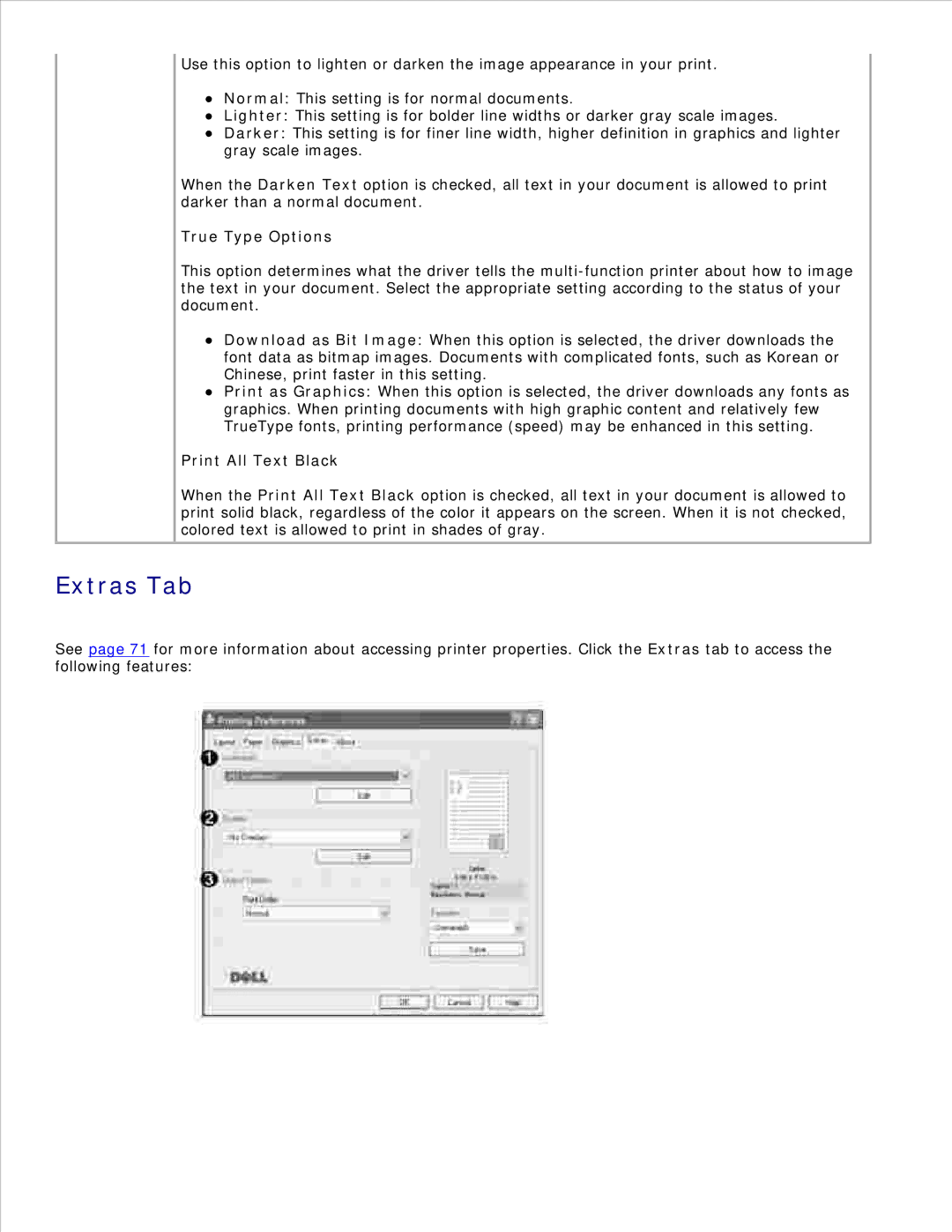 Dell 1600n manual Extras Tab, True Type Options, Print All Text Black 