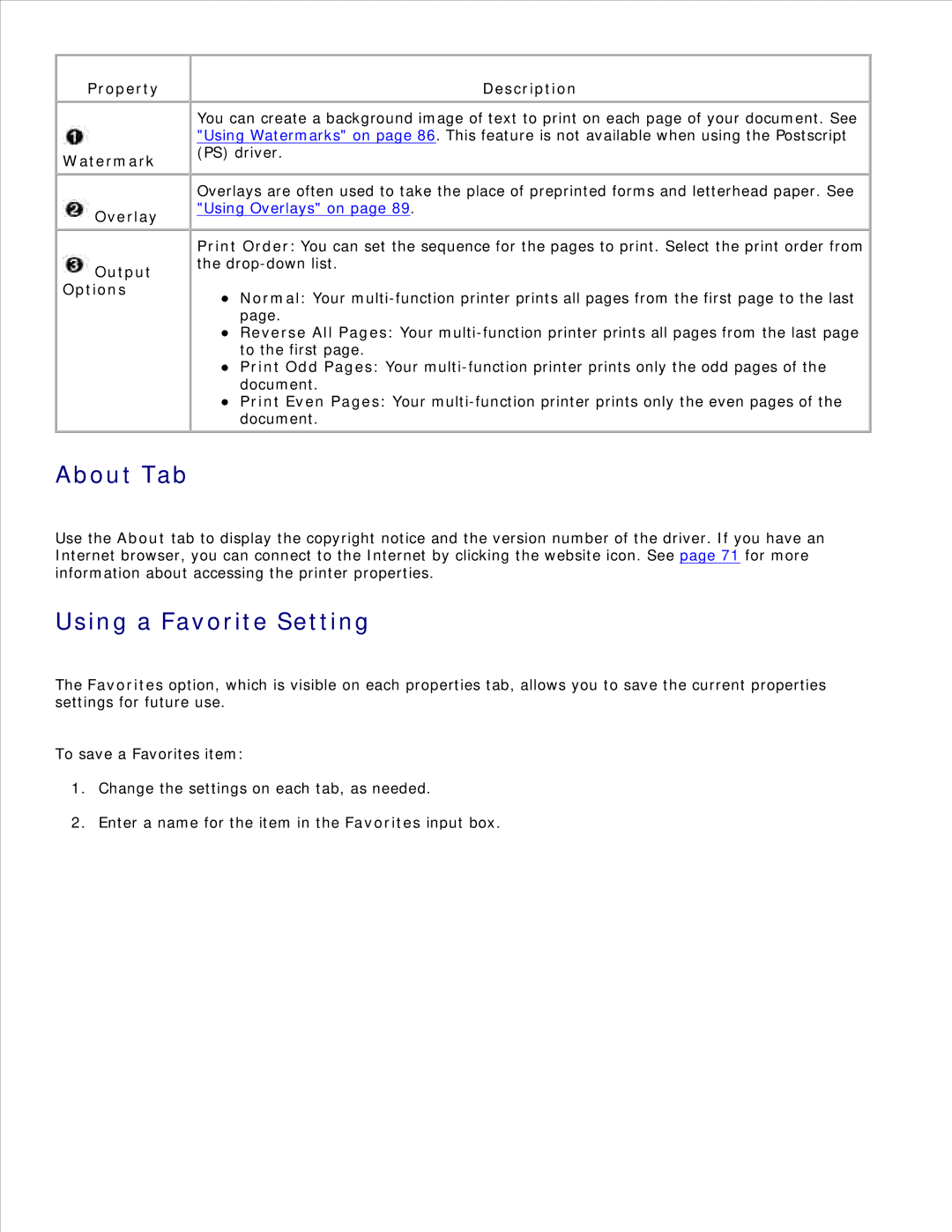 Dell 1600n manual About Tab, Using a Favorite Setting, Property Watermark Overlay Output Options Description 