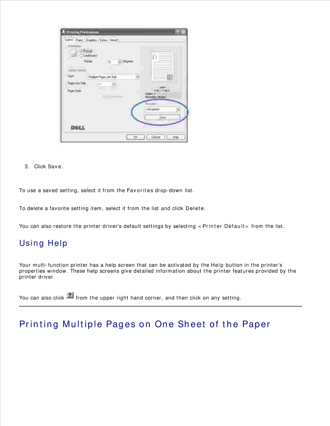 Dell 1600n manual Printing Multiple Pages on One Sheet of the Paper, Using Help 