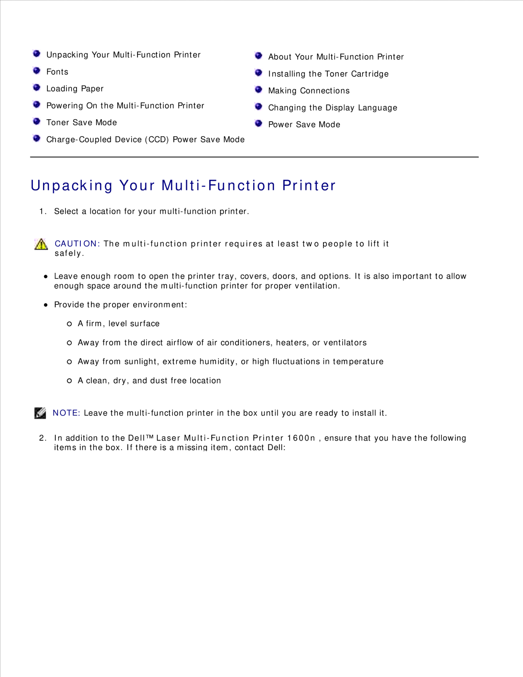 Dell 1600n manual Unpacking Your Multi-Function Printer, Safely 