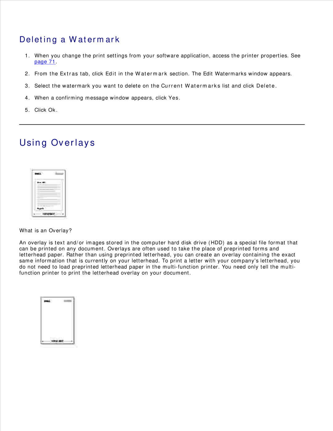 Dell 1600n manual Using Overlays, Deleting a Watermark 