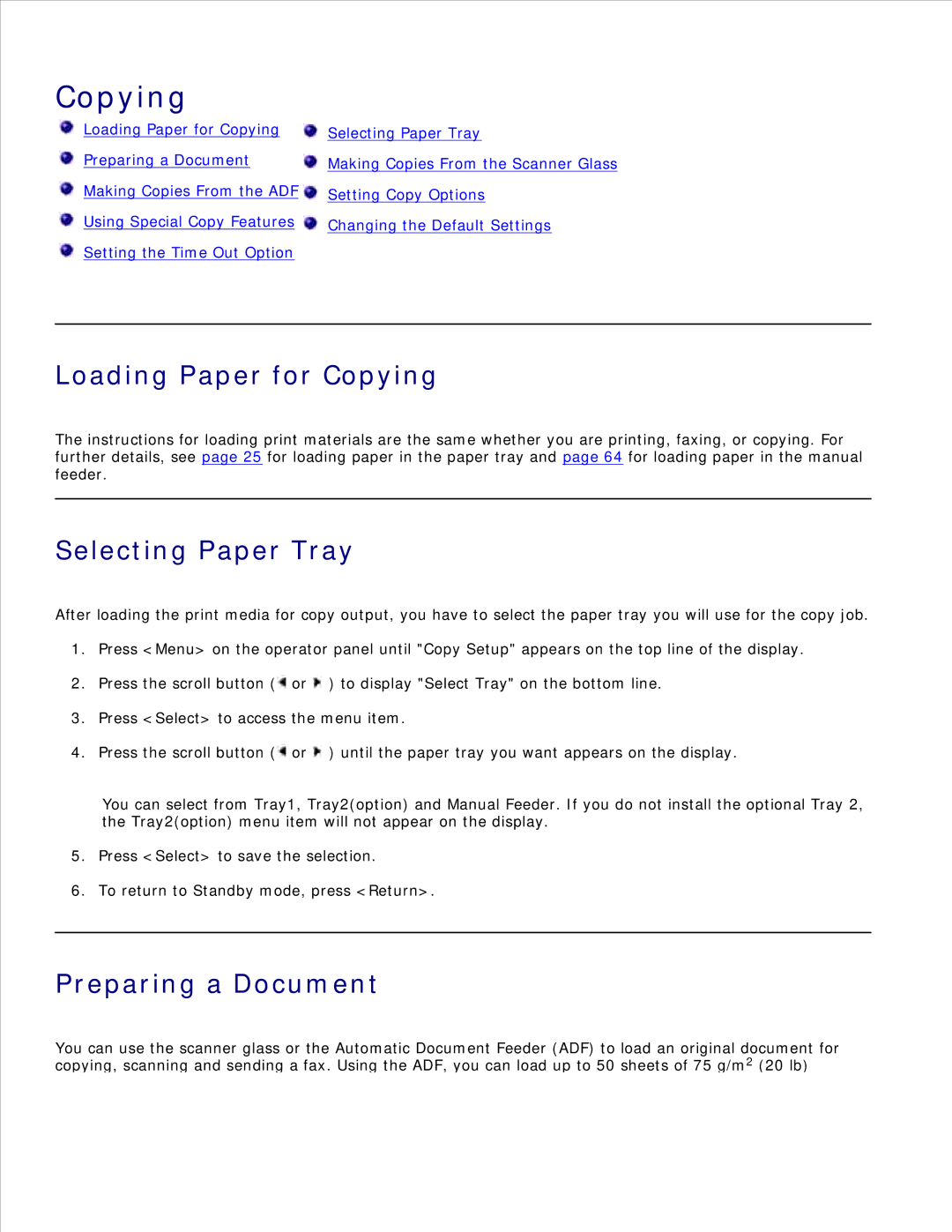 Dell 1600n manual Loading Paper for Copying, Selecting Paper Tray, Preparing a Document 