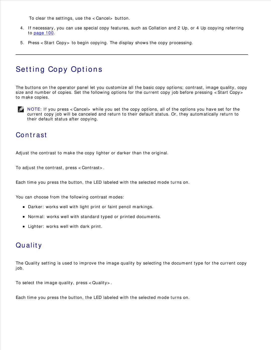 Dell 1600n manual Setting Copy Options, Contrast, Quality 