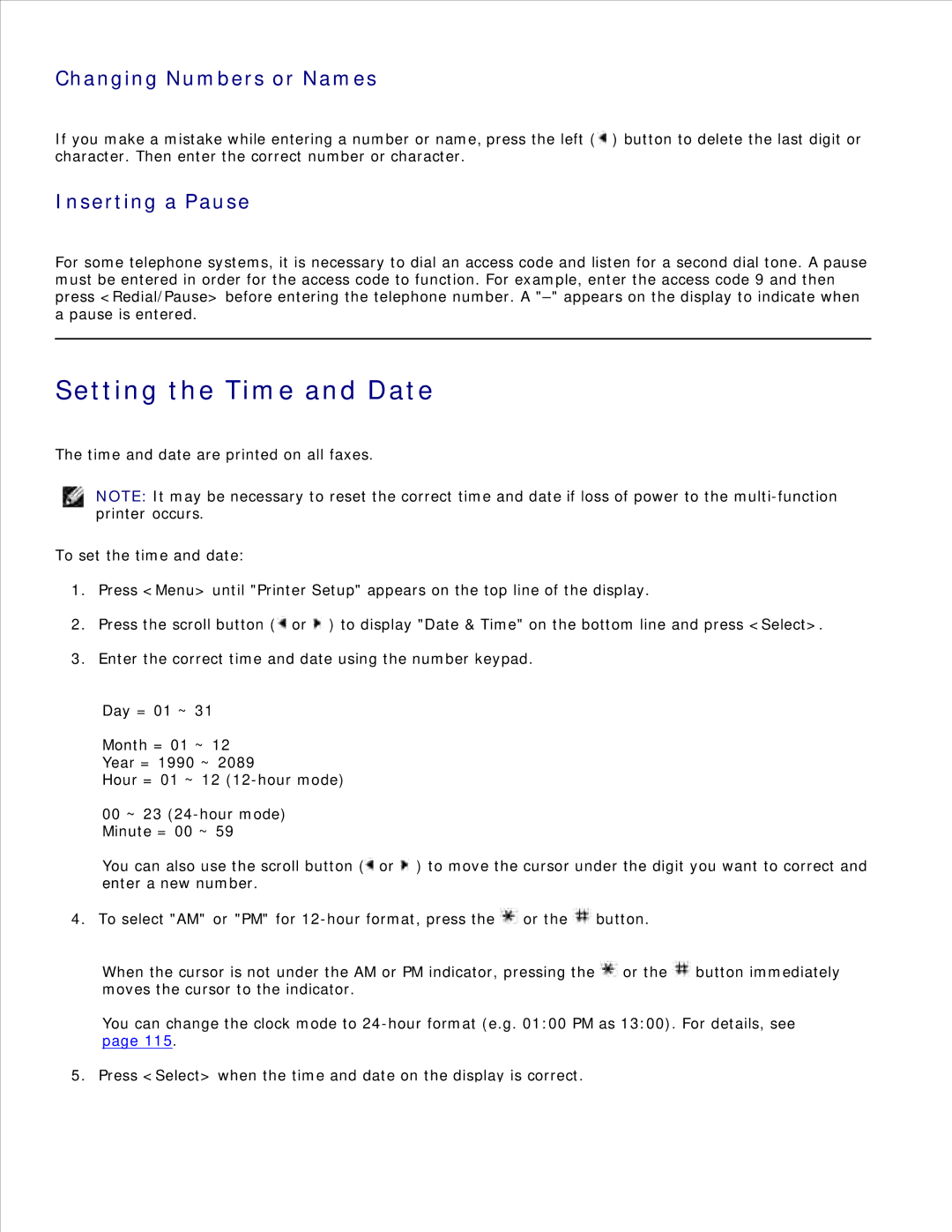 Dell 1600n manual Setting the Time and Date, Changing Numbers or Names, Inserting a Pause 