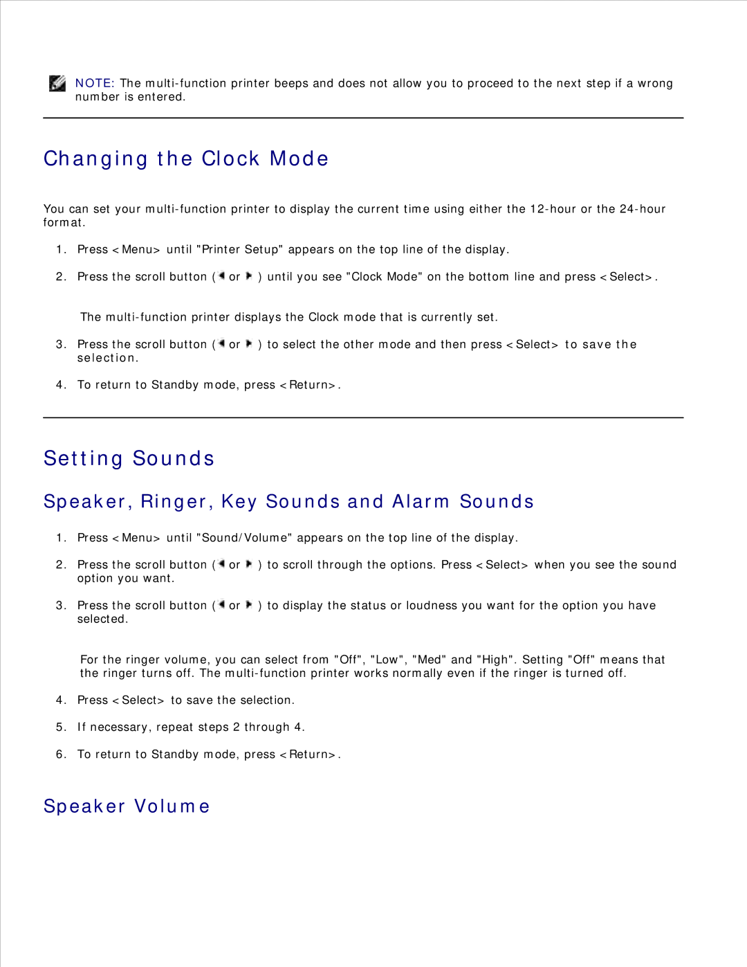 Dell 1600n manual Changing the Clock Mode, Setting Sounds, Speaker, Ringer, Key Sounds and Alarm Sounds, Speaker Volume 