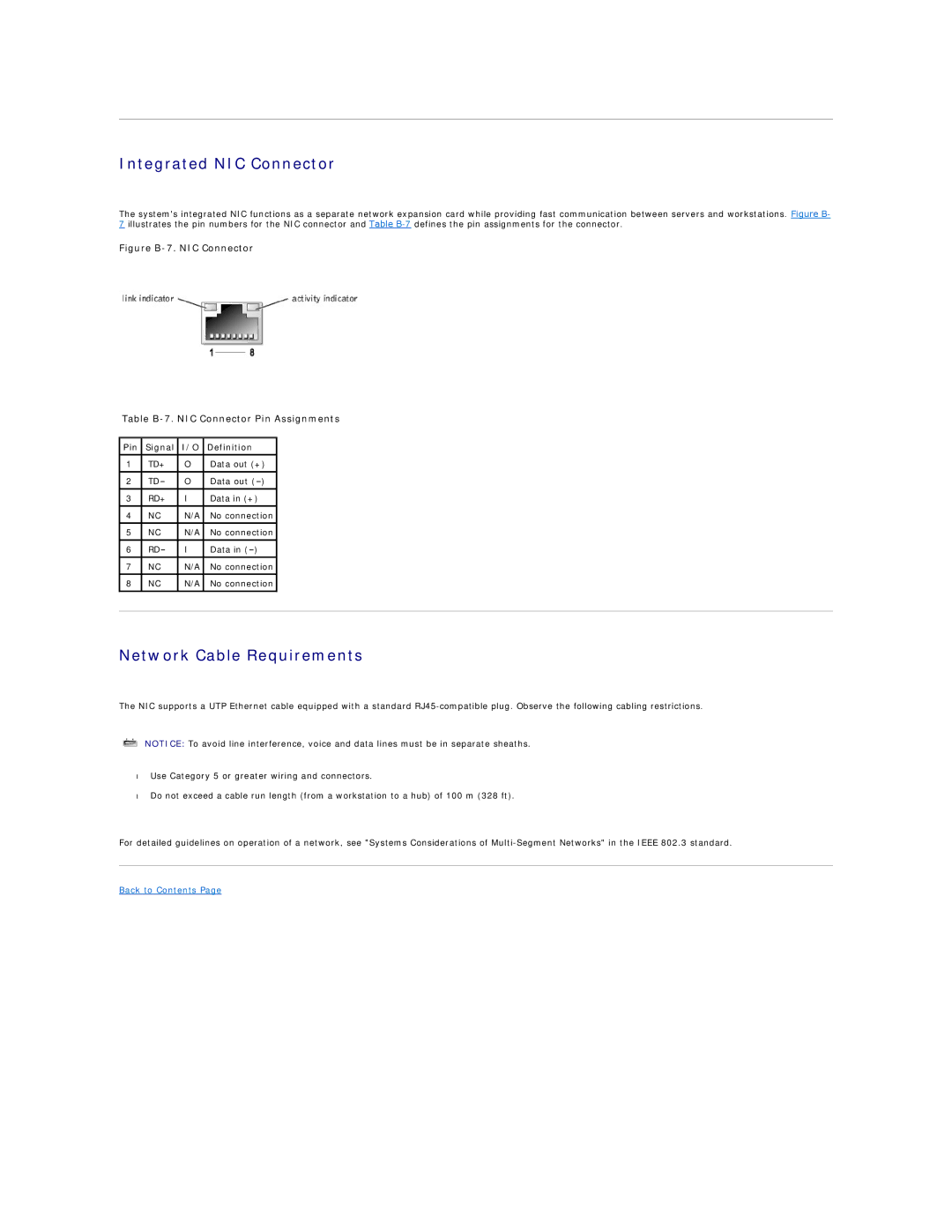 Dell 1600SC manual Integrated NIC Connector, Network Cable Requirements, Pin Signal I/O Definition 