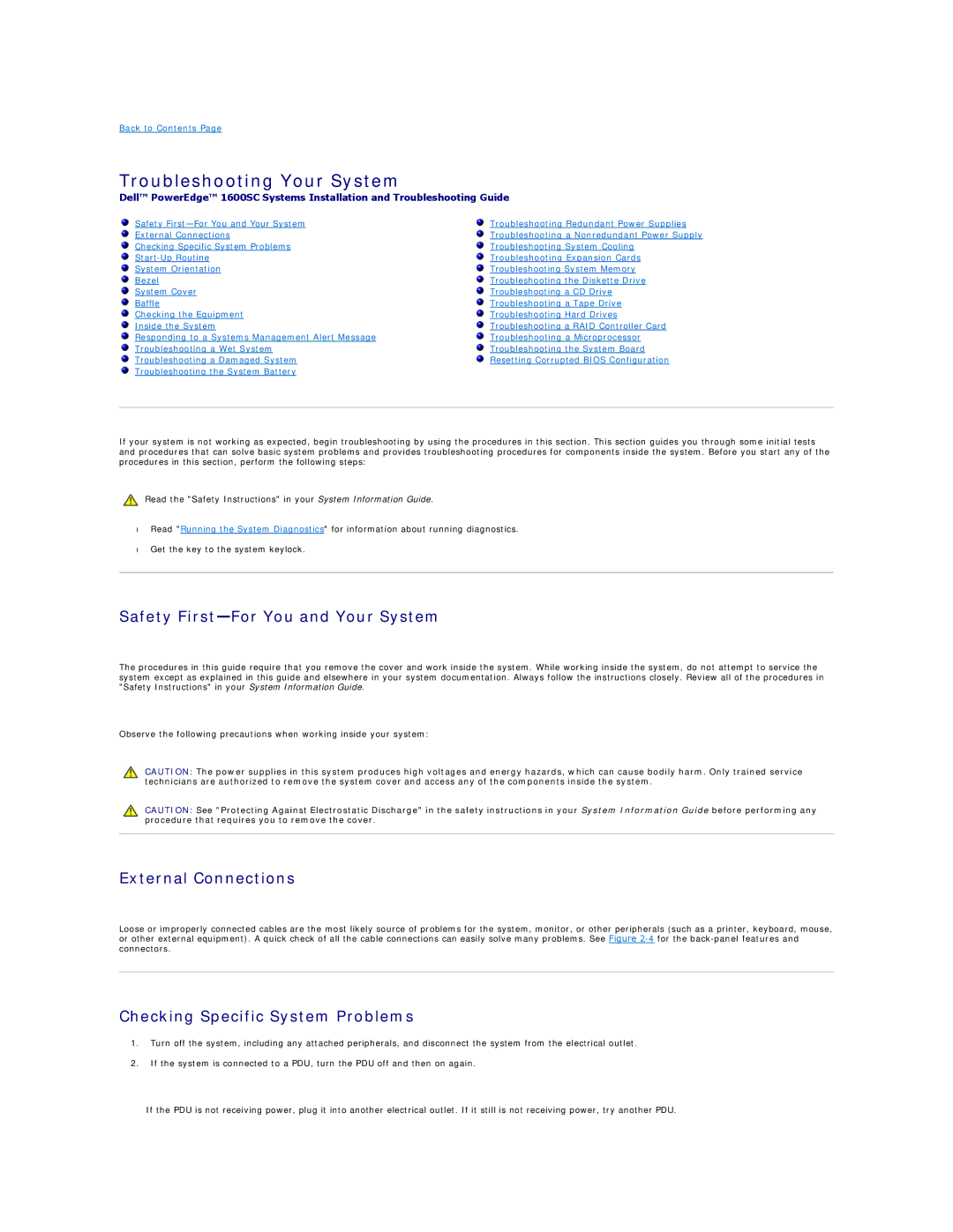 Dell 1600SC manual Troubleshooting Your System, Safety First-For You and Your System, External Connections 