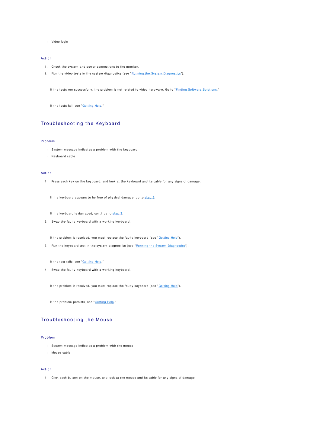 Dell 1600SC manual Troubleshooting the Keyboard, Troubleshooting the Mouse 