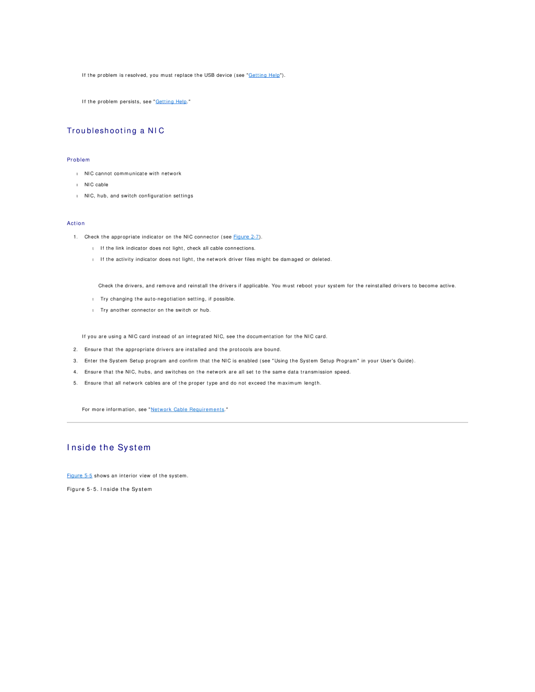 Dell 1600SC manual Inside the System, Troubleshooting a NIC 