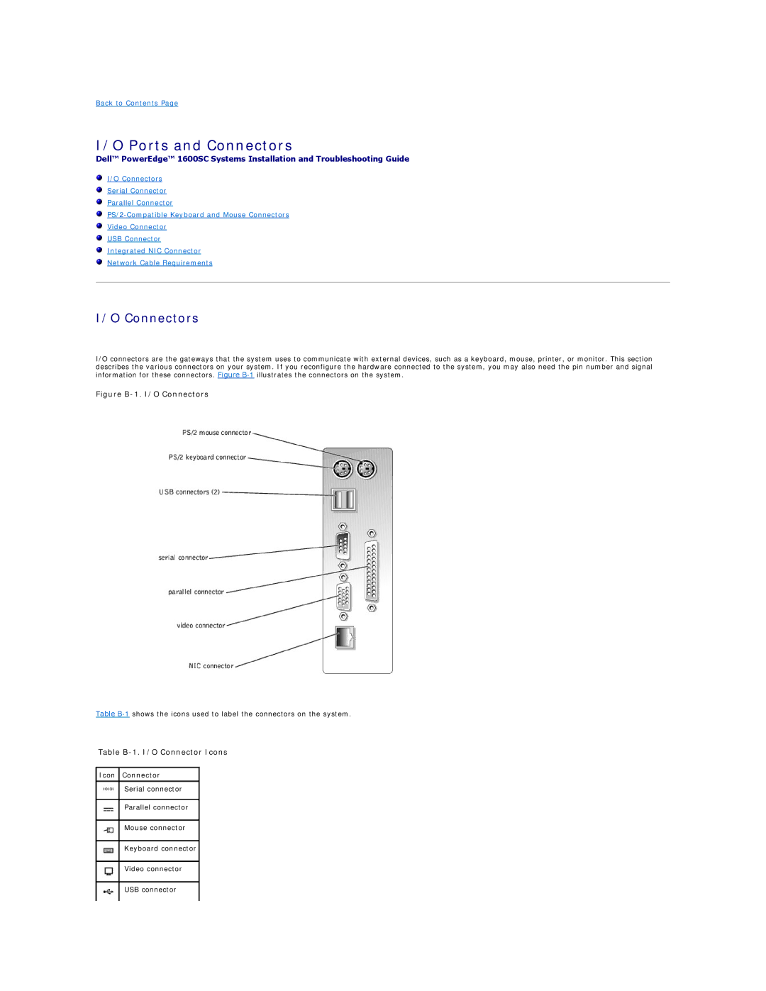 Dell 1600SC manual Ports and Connectors, Table B-1. I/O Connector Icons, Icon Connector 