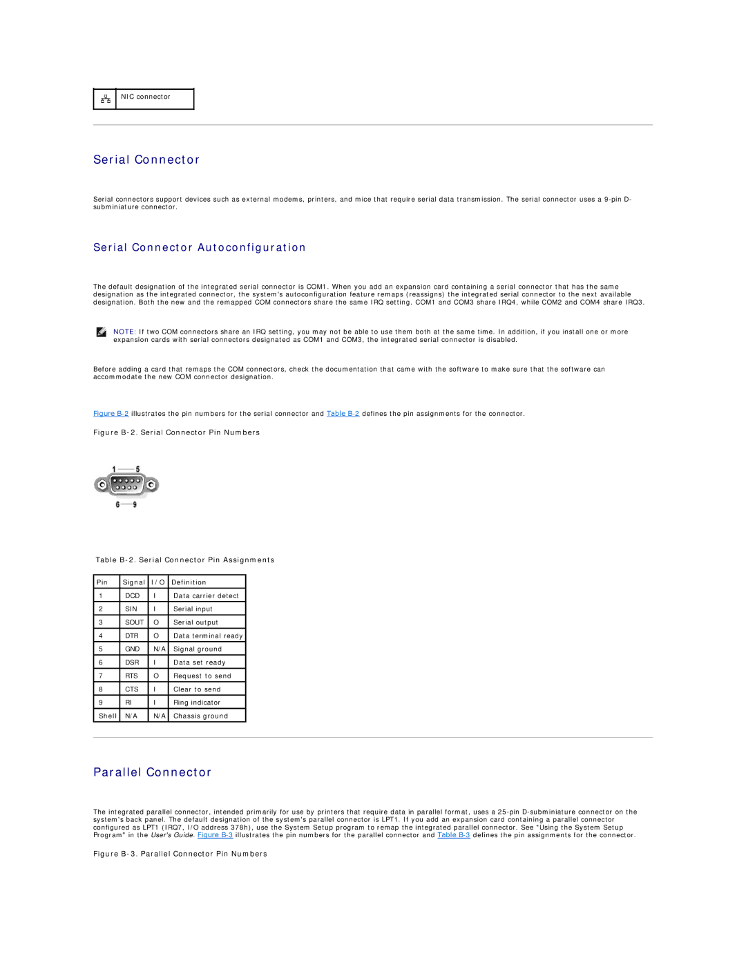 Dell 1600SC manual Parallel Connector, Serial Connector Autoconfiguration, Pin Signal Definition, Shell 