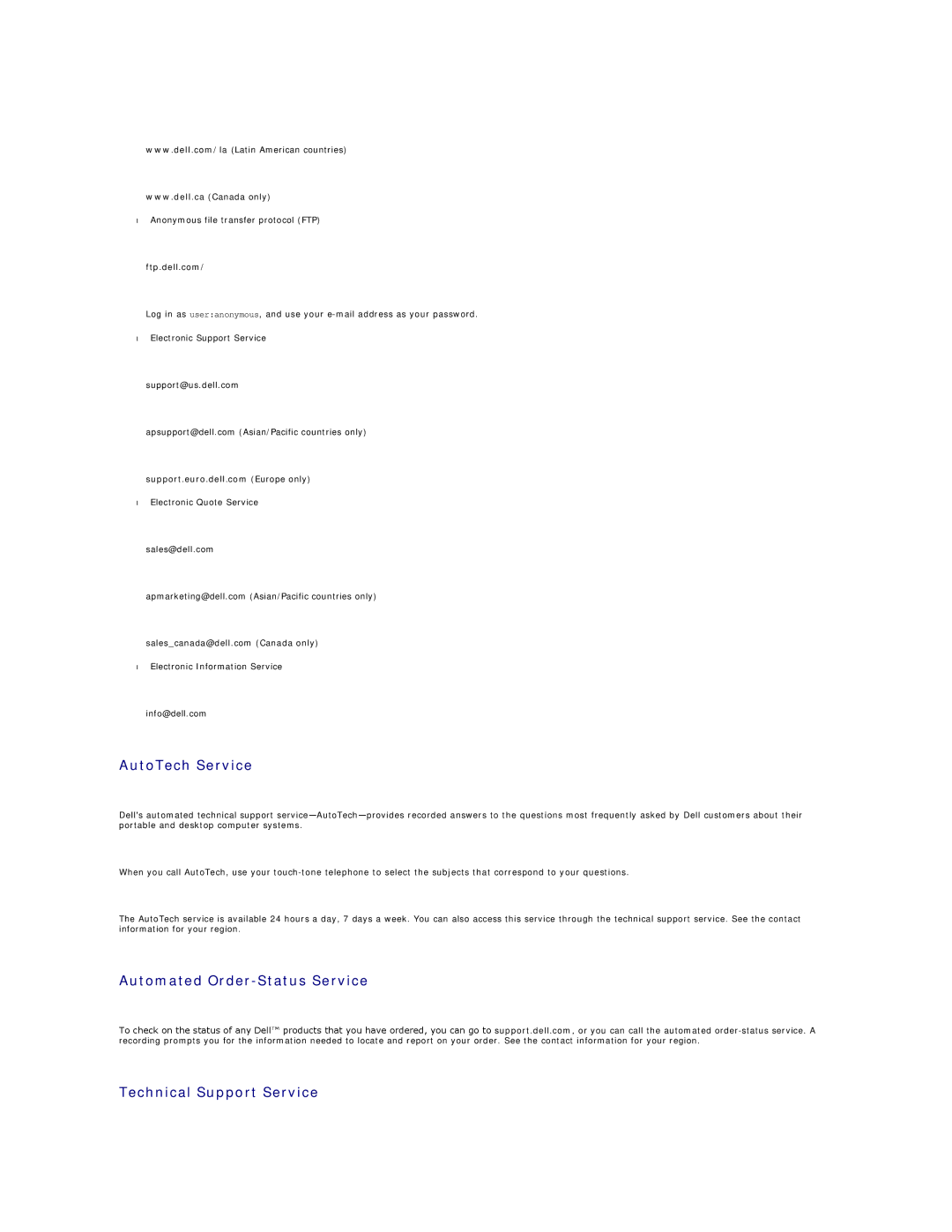 Dell 1600SC manual AutoTech Service, Automated Order-Status Service, Technical Support Service, Ftp.dell.com 