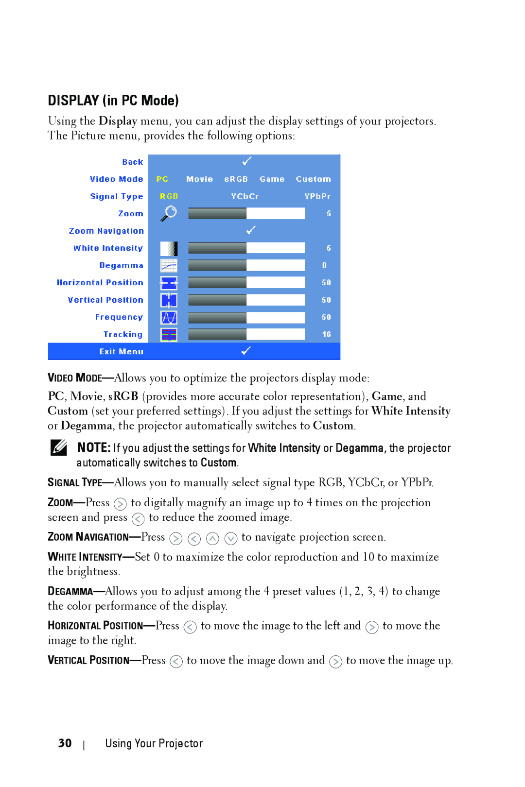 Dell 1609WX manual Display in PC Mode 