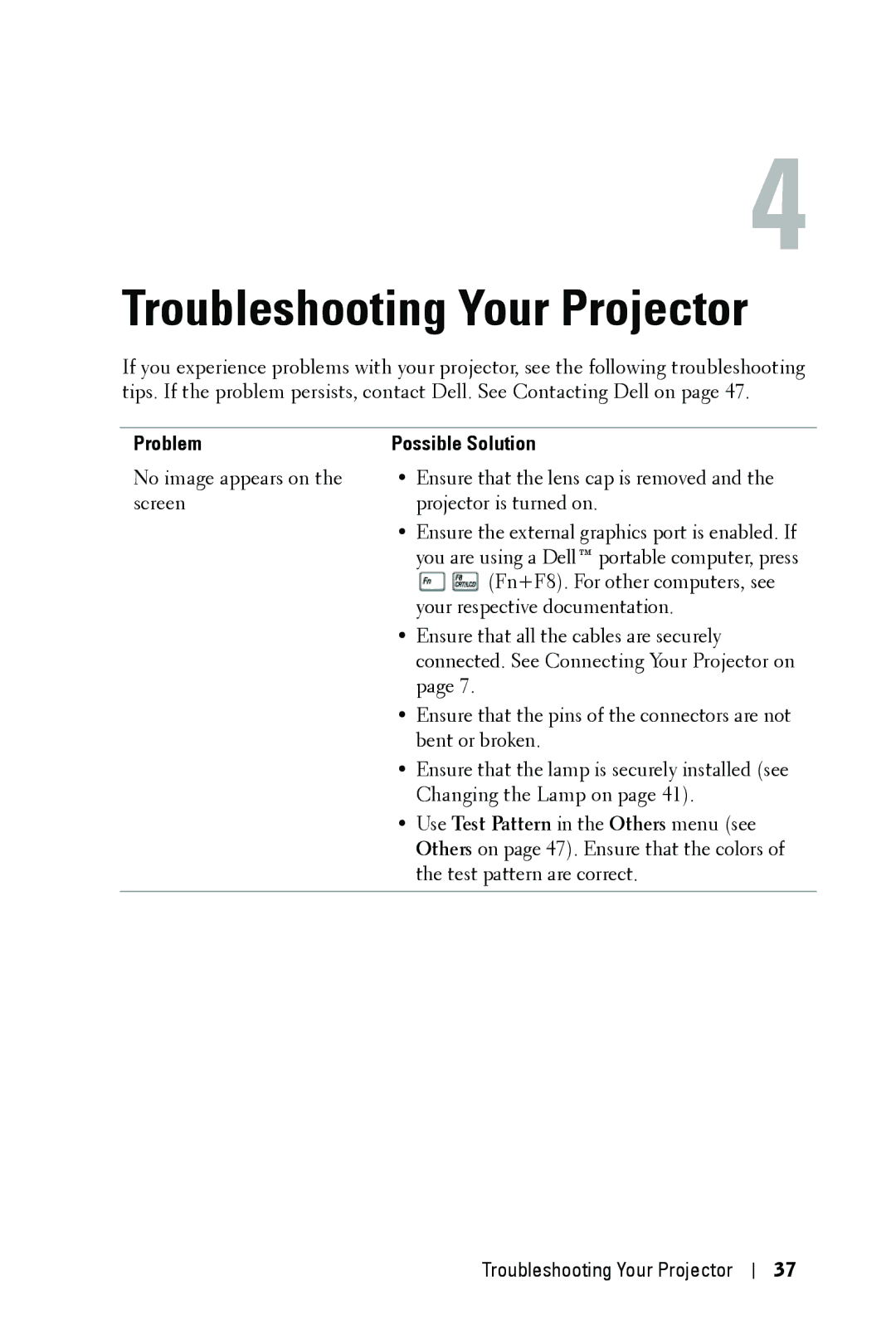 Dell 1609WX manual Troubleshooting Your Projector, Problem 