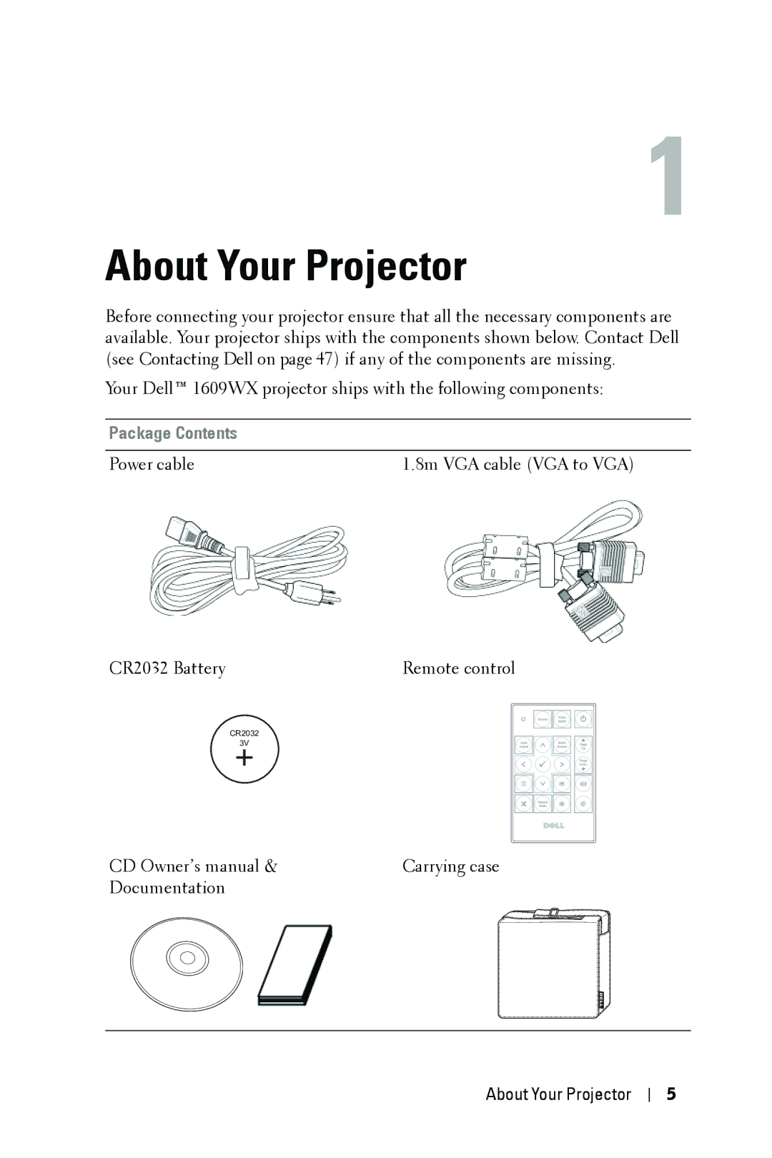 Dell 1609WX manual About Your Projector, Package Contents 