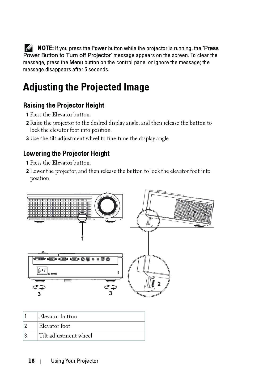 Dell 1609WX manual Adjusting the Projected Image, Raising the Projector Height, Lowering the Projector Height 