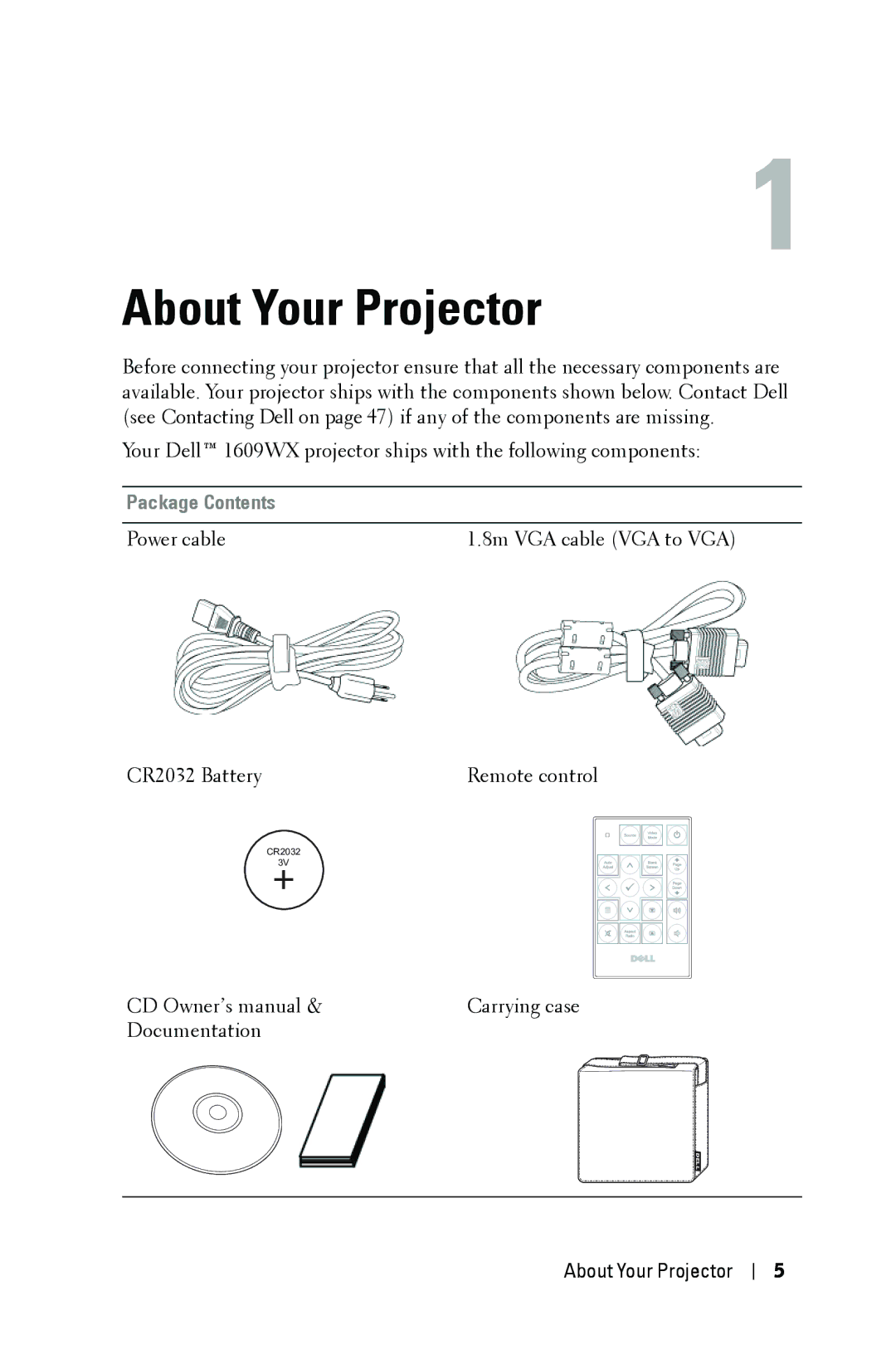 Dell 1609WX manual About Your Projector, Package Contents 