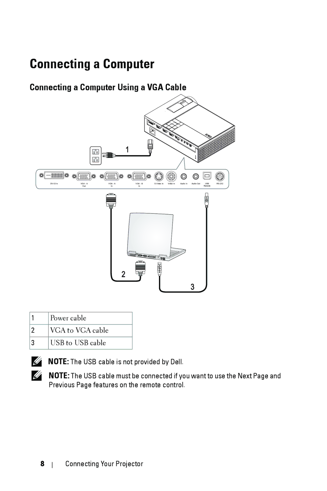 Dell 1609WX manual Connecting a Computer Using a VGA Cable 