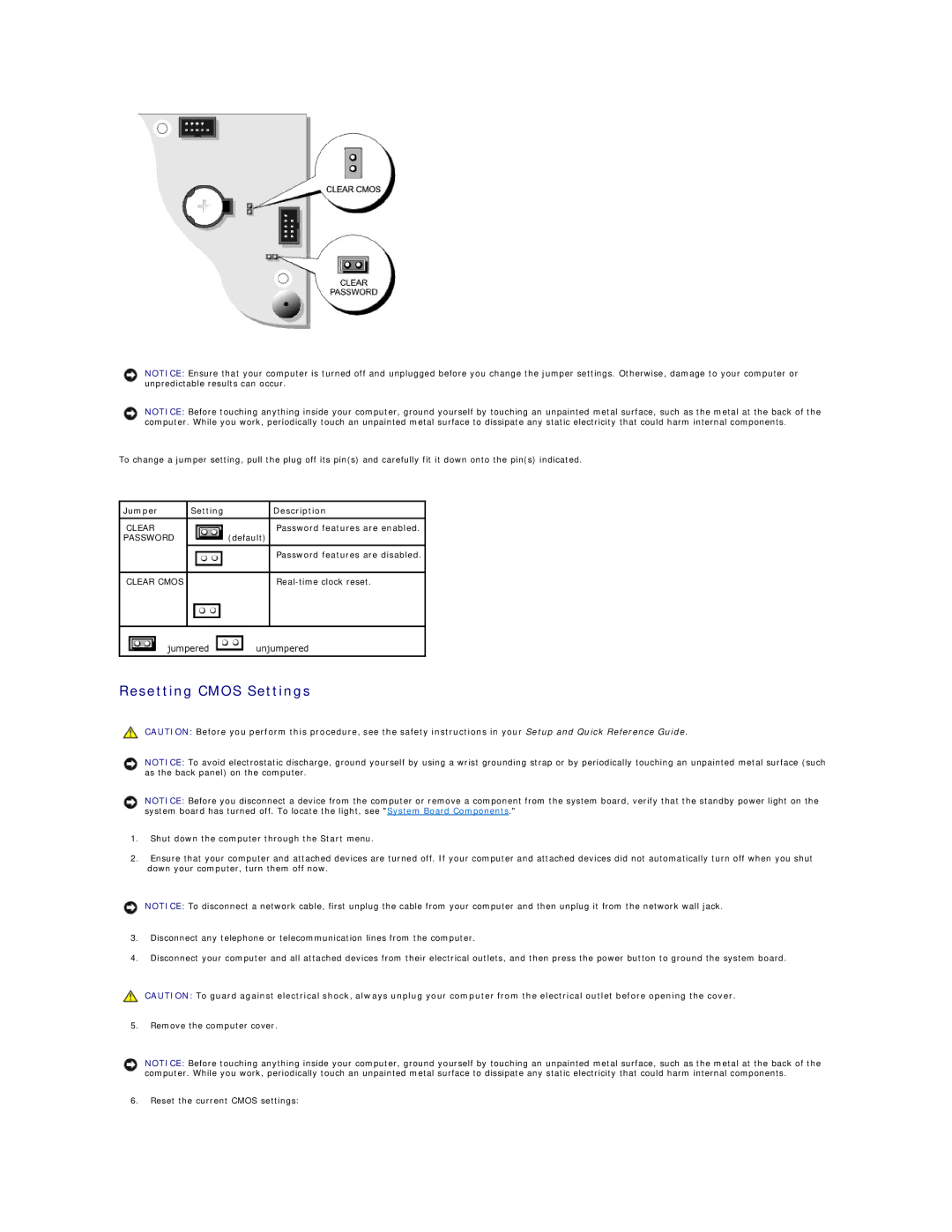 Dell 160L manual Resetting Cmos Settings, Jumper Setting Description 