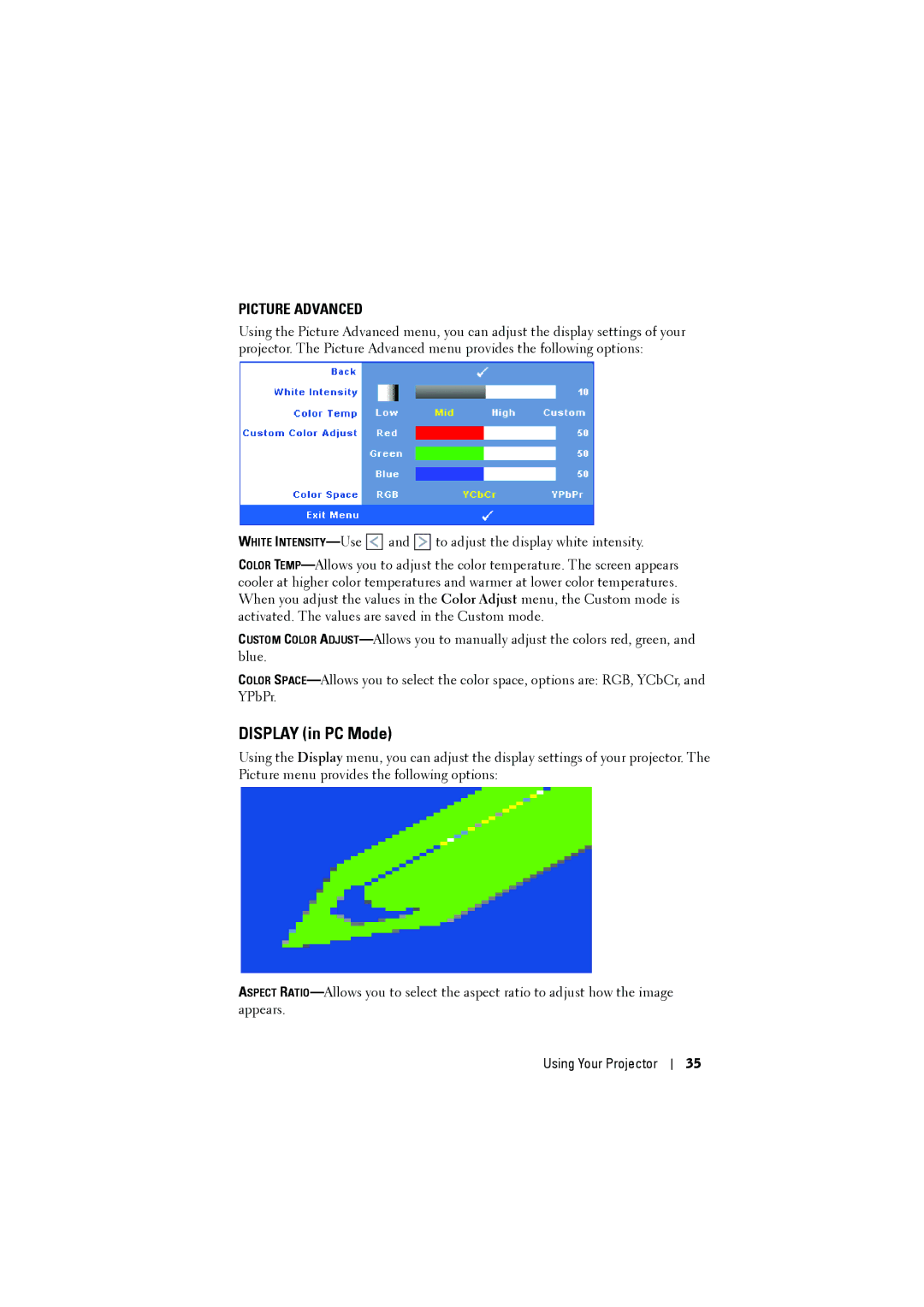 Dell 1610HD manual Display in PC Mode, Picture Advanced 