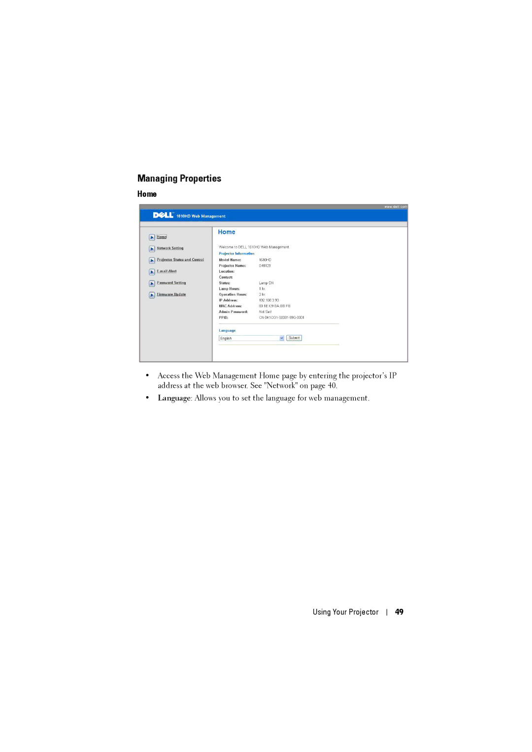 Dell 1610HD manual Managing Properties, Home 